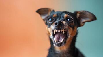 Spielzeug Fuchs Terrier, wütend Hund entblößt es ist Zähne, Studio Beleuchtung Pastell- Hintergrund foto