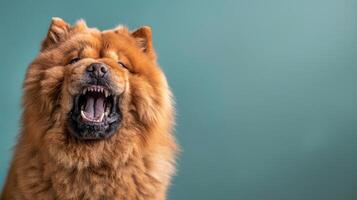 Chow Chow, wütend Hund entblößt es ist Zähne, Studio Beleuchtung Pastell- Hintergrund foto