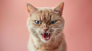 Burmilla, wütend Katze entblößt es ist Zähne, Studio Beleuchtung Pastell- Hintergrund foto