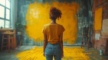 jung Frau überlegt frisch gemalt Gelb Mauer im Dachgeschoss foto
