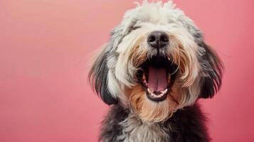 alt Englisch Schäferhund, wütend Hund entblößt es ist Zähne, Studio Beleuchtung Pastell- Hintergrund foto