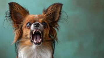 Papillon, wütend Hund entblößt es ist Zähne, Studio Beleuchtung Pastell- Hintergrund foto