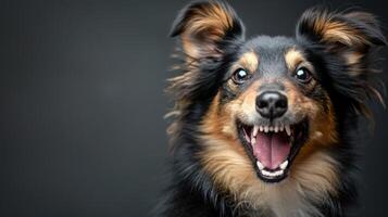 Shetland Schäferhund, wütend Hund entblößt es ist Zähne, Studio Beleuchtung Pastell- Hintergrund foto