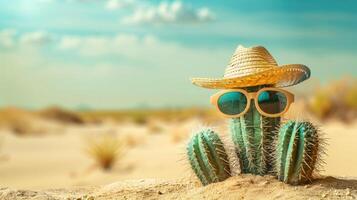 Kaktus tragen Sonnenbrille und Stroh Hut. foto