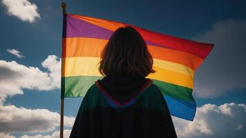 Frau steht im Vorderseite von ein Regenbogen Flagge foto