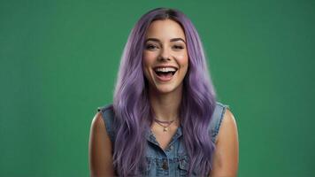 ein Frau mit lila Haar lächelnd und Lachen foto
