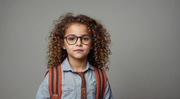 ein wenig Mädchen mit lockig Haar tragen Brille und ein Rucksack foto