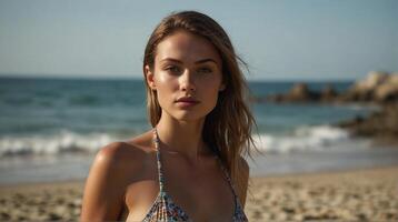 ein schön jung Frau im ein Bikini auf das Strand foto