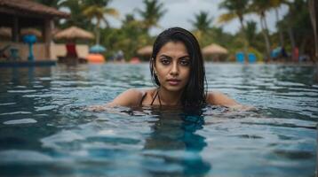 ein schön Frau im das Wasser beim ein Resort foto