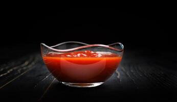 Ketchup im ein Glas Tasse auf ein schwarz Hintergrund. foto
