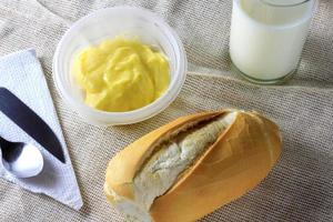 Nahaufnahme von französischem Brot auf hölzernem Frühstückstisch mit Butter und Besteck? foto