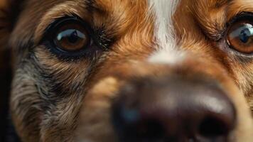 ein schließen oben von ein Hund Gesicht mit groß Augen foto