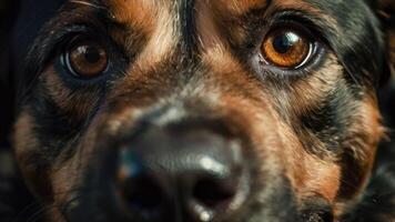 ein schließen oben von ein Hund Gesicht mit groß Augen foto