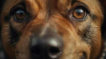 ein schließen oben von ein Hund Gesicht mit groß Augen foto