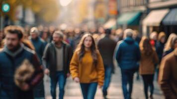 defokussiert Menge von Menschen Gehen auf ein Straße im Bewegung verwischen foto