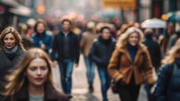 defokussiert Menge von Menschen Gehen auf ein Straße im Bewegung verwischen foto