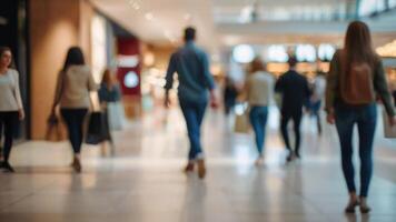 defokussiert Menschen Gehen im ein modern Einkaufen Einkaufszentrum mit etwas Käufer im Bewegung verwischen foto