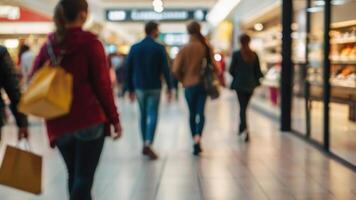 defokussiert Menschen Gehen im ein modern Einkaufen Einkaufszentrum mit etwas Käufer im Bewegung verwischen foto