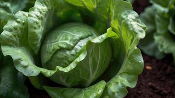 ein schließen oben von Grüner Salat wachsend im ein Feld foto