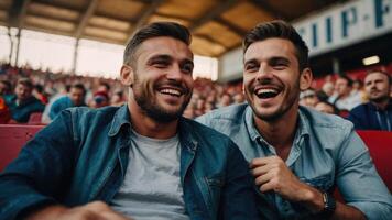 glücklich Männer Aufpassen Fußball Streichhölzer im Fußball Stadien foto