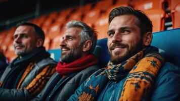 glücklich Männer Aufpassen Fußball Streichhölzer im Fußball Stadien foto