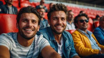 glücklich Männer Aufpassen Fußball Streichhölzer im Fußball Stadien foto