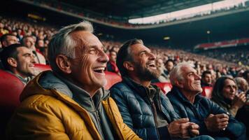 glücklich Männer Aufpassen Fußball Streichhölzer im Fußball Stadien foto