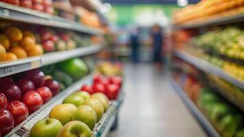 Supermarkt Geschäft Regale mit Früchte und Gemüse mit verschwommen Hintergrund foto