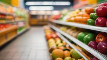 Supermarkt Geschäft Regale mit Früchte und Gemüse mit verschwommen Hintergrund foto