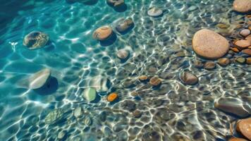 ai generiert Textur transparent klar Wasser von das Meer See mit Kieselsteine unter Wasser foto