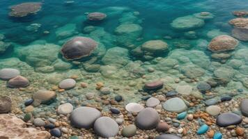 ai generiert Textur transparent klar Wasser von das Meer See mit Kieselsteine unter Wasser foto