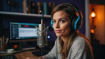 ai generiert ein Frau Podcaster im ein Studio mit Kopfhörer auf foto