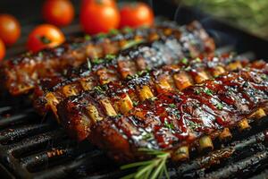 brutzelnd Spieße, das Aroma von Kräuter, ein perfekt Tag zum ein Grill sammeln, schnell Essen foto