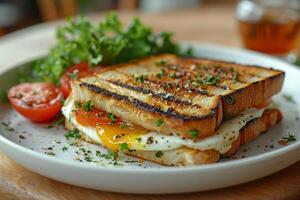 das perfekt Mischung von Eier, Tomaten, und Kräuter im ein Sandwich foto