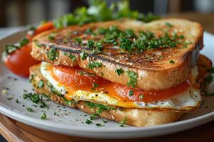 frisch gegrillt Ei Sandwich, gewürzt zu Perfektion zum Ihre Frühstück Genuss foto