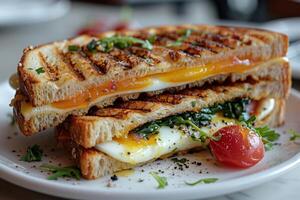 erheben Ihre Frühstück mit diese Ei und Tomate Panini bestreut mit Petersilie foto