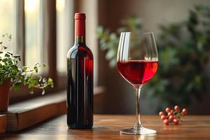 ein Flasche von fein rot Wein, vorwegnehmen das gießen, geschmückt mit der Natur reif Trauben foto