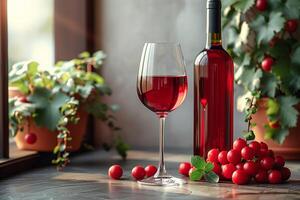 entdecken das Reich Tiefe von Geschmack im ein Flasche von Rot, verbessert durch frisch Trauben' Süße foto