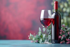 üppig rot Wein bereit zu Sein gegossen von ein glänzend Flasche, Kopieren Raum foto