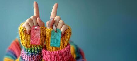 spielerisch Geste mit bunt Geschenk Stichworte auf Finger Über Blau Hintergrund, Der Umsatz Konzept foto