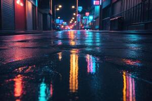 ein nass Straße beim Nacht mit Neon- Beleuchtung foto