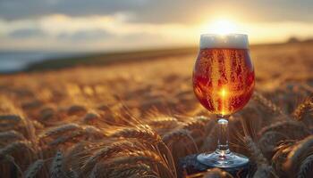 Glas von Bier auf Weizen Feld beim Sonnenuntergang. Bier im ein Glas. foto