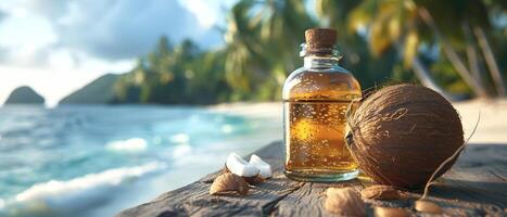 Kokosnuss Öl im ein Glas Flasche und Kokosnuss auf ein hölzern Tabelle gegen das Hintergrund von das Meer und Palme Bäume foto