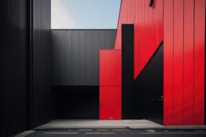ein rot und schwarz Gebäude mit ein schwarz Mauer. architektonisch Hintergrund foto
