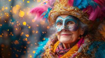 Alten Frau im hell schick Kleid und Karneval Maske auf verschwommen farbig Hintergrund mit Bokeh. foto