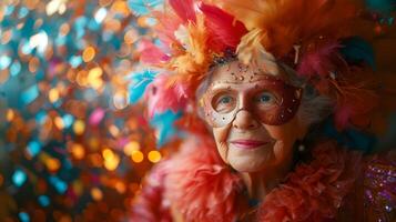 Alten Frau im hell schick Kleid und Karneval Maske auf verschwommen farbig Hintergrund mit Bokeh. foto