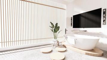 Bad und Toilette im Badezimmer-Zen-Stil mit Smart-TV auf der Wandgestaltung. 3D-Rendering foto