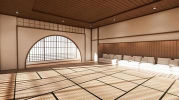 Das Zimmer ist geräumig im japanischen Stil gestaltet und hell in Naturtönen. 3D-Rendering foto