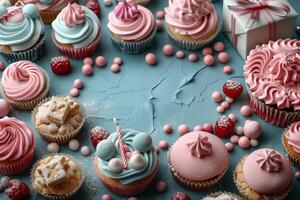 sortiert Gourmet Cupcakes mit Pastell- Glasur und Beeren auf ein texturiert blaugrün Oberfläche foto