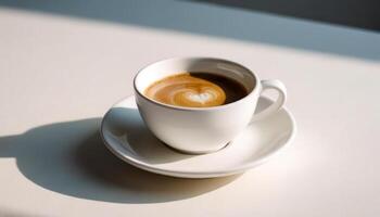 ein heiß Tasse von Kaffee auf ein Untertasse, einstellen gegen ein Weiß Hintergrund, Gießen ein subtil Schatten. foto